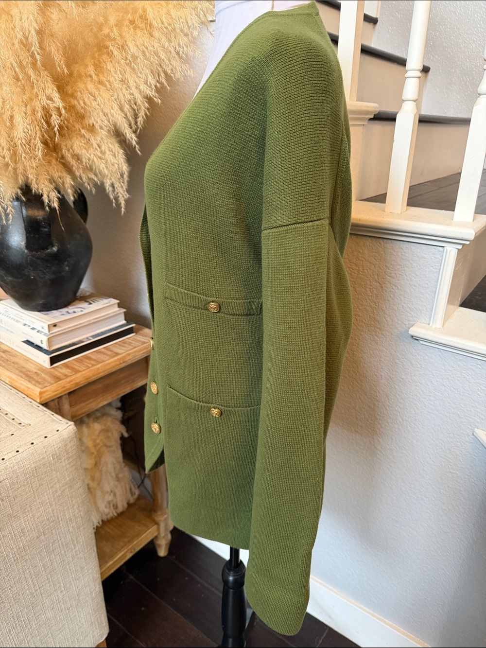 J.Crew Green Gold Buttons Long V-Neck Sweater Blazer Size Large - Picture 4 of 7